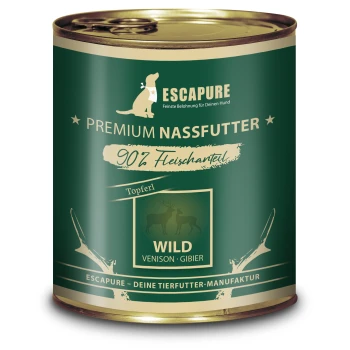Canette verte de nourriture humide premium pour chiens ESCAPURE étiquetée "WILD" avec 90% de contenu en viande, présentant des illustrations de cerfs et du texte en allemand.