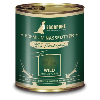 Grüne Dose ESCAPURE Premium Nassfutter für Hunde, beschriftet "WILD" mit 90% Fleischgehalt, mit Hirschillustrationen und deutschem Text.