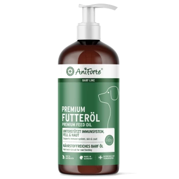 Flasche AniForte Premium Futteröl für Hunde, beschriftet in Deutsch mit Text, der die Unterstützung des Immunsystems und die nährstoffreiche Formel hervorhebt.