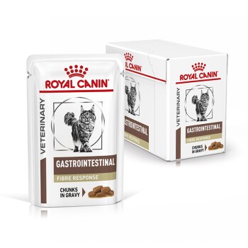 Royal Canin Veterinär-Gastrointestinal Katzenfutterbeutel, beschriftet mit "Fibre Response," mit Stückchen in Soße und einem Bild einer Katze.