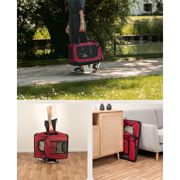 Roter, faltbarer, weichwandiger Haustierträger mit Netzeinsätzen und einer Katze darin, gezeigt beim Tragen im Freien und beim Verstauen in Innenräumen.