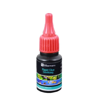 Flasche Silbermann Rapid Glue, 20 ml, mit einem roten Deckel, mit aquatischen Grafiken auf dem Etikett.