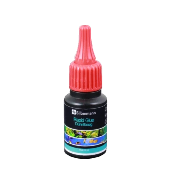 Flasche Silbermann Rapid Glue, 20 ml, mit einem roten Deckel, mit aquatischen Grafiken auf dem Etikett.