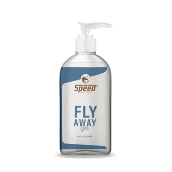 Flasche mit "Speed Fly Away Gel" Insektenblocker für Haustiere, mit einem Pumpenspender und einem blau-weißen Etikett.
