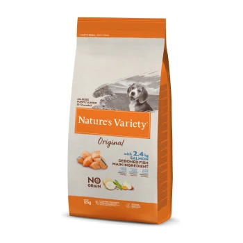 Nature‘s Variety Original No Grain z łososiem bez ości Torba z jedzeniem dla psów od Nature's Variety, oznaczona "Original", z łososiem jako głównym składnikiem, 12 kg, oraz deklaracją "Bez zboża".