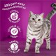 A gray tabby cat on a purple background, featuring text about "100% complete & balanced" and benefits for health and vision.