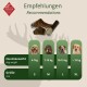 Bild, das Empfehlungen für Hundeleckerlis mit vier Hunderassen und -größen zeigt: S (4-7 kg), M (7-10 kg), L (10-15 kg), XL (>15 kg).
