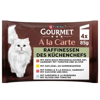Purina Gourmet A la Carte Katzenfutter 4 x 85 g, brauner Beutel mit einer weißen, langhaarigen Katze und der Aufschrift 'Raffinessen des Küchenchefs'.