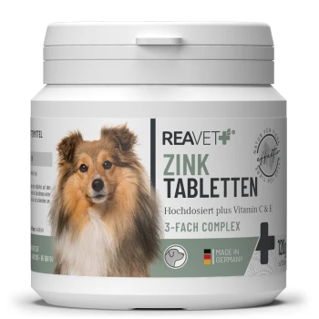 Behälter von REAVET Zink Tabletten für Hunde, mit einem Shetland Sheepdog auf dem Etikett, mit Text, der hohe Dosierung plus Vitamine C & E anzeigt.