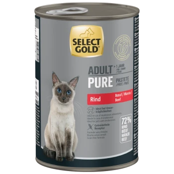 Boîte de nourriture pour chat Select Gold Adult Pure bœuf sans céréales avec image de chat siamois, 72 % de bœuf, pour animaux de plus d'un an.