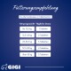 Fütterungsempfehlung für Hunde: 1 Tablette bis 12,5 kg, 2 bis 25 kg, 3 bis 35,7 kg, 4 bis 50 kg, 5 über 50 kg. Gigi-Logo.