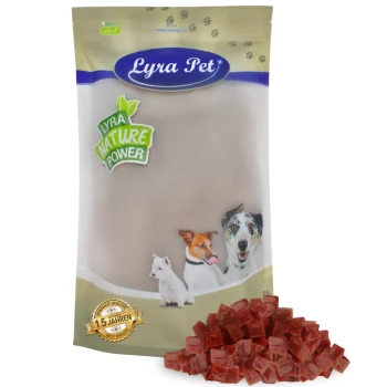Lyra Pet Hundeleckerli-Packung mit einer beigen Tüte mit grünem 'Lyra Nature Power'-Label, neben kleinen roten Leckerli-Würfeln.