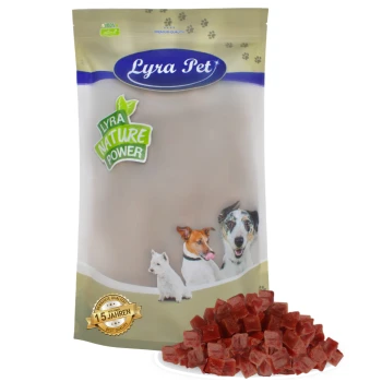 Lyra Pet Hundeleckerli-Packung mit einer beigen Tüte mit grünem 'Lyra Nature Power'-Label, neben kleinen roten Leckerli-Würfeln.