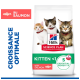 Sachet Hill's Science Plan pour chatons (CHATON <1) montrant trois chatons, « au saumon » et « 5 bienfaits essentiels ».