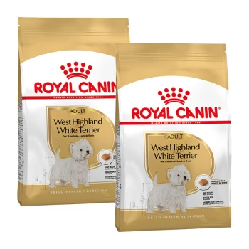 Two bags of Royal Canin dog food for Adult West Highland White Terriers, featuring a white terrier illustration and nutritional information.