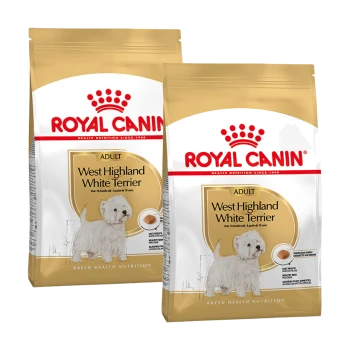 Twee zakken Royal Canin hondenvoer voor volwassen West Highland White Terriers, met een illustratie van een witte terriër en voedingsinformatie.