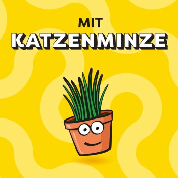 Cartoonhafte Illustration einer lächelnden Topfpflanze mit Katzenminze, vor einem hellgelben Hintergrund, mit dem Text 'MIT KATZENMINZE.'