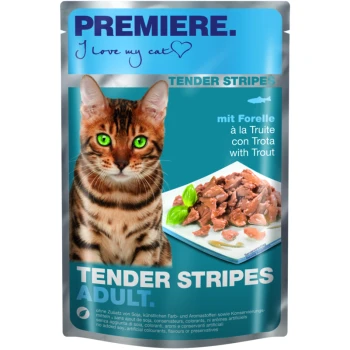 Opakowanie karmy dla kotów z bengalskim kotem o zielonych oczach, oznaczone 'PREMIERE. Kocham mojego kota' oraz 'TENDER STRIPES ADULT' z pstrągiem.