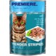 Eine Katzenfutterverpackung mit einer Bengal-Katze mit grünen Augen, beschriftet mit "PREMIERE. Ich liebe meine Katze" und "TENDER STRIPES ADULT" mit Forelle.