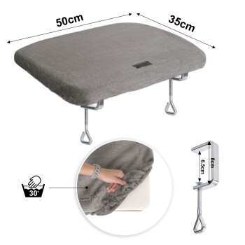 Graues Haustierbett mit den Abmessungen 50cm x 35cm, mit Metallklammern zur Befestigung und einem Handwaschsymbol.