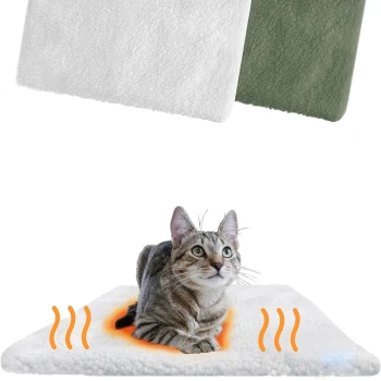 Selbstheizende Katzendecke beige Eine gemütliche Heizmatte für Haustiere in Weiß mit einem orangefarbenen Wärmesymbol, mit einer grauen Katze, die bequem darauf liegt.