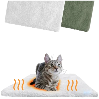 Eine gemütliche Heizmatte für Haustiere in Weiß mit einem orangefarbenen Wärmesymbol, mit einer grauen Katze, die bequem darauf liegt.