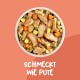 Deutsche Produktbeschreibung: "Schmeckt wie Pute," hebt Vorteile wie hohe Fleischakzeptanz, glutenfrei und gesundes Haut/Fell hervor.