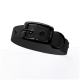 Schwarzes Hundehalsband mit strukturierter Oberfläche und stabiler Schnalle, mit dem eingeprägten Text "THE DOG IDEA" an der Seite.
