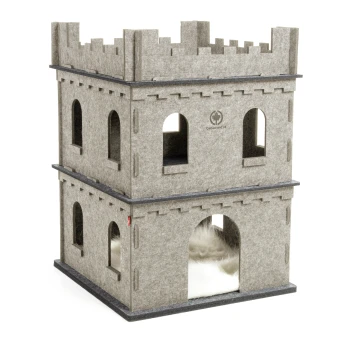 Filz Katzenburg Felty Fort Eine graue Filz-Katzenburg mit zwei Ebenen, mit gewölbten Fenstern und einer strukturierten Oberfläche, ideal für das Spielen und Entspannen von Haustieren.