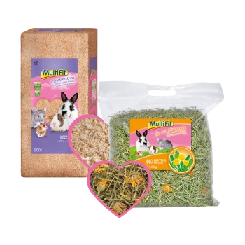 Haustierbedarf: 500L Sack MultiFit Kleintierstreu und 500g Sack 100% natürliches MultiFit Heu mit Löwenzahn.