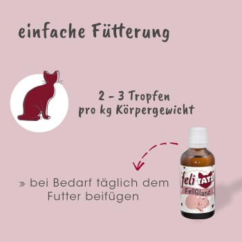 Flasche des "feliTATZ FellGlanz" Haustierergänzungsprodukts mit Anwendungshinweisen, mit einer Katzenillustration und Text in Deutsch.
