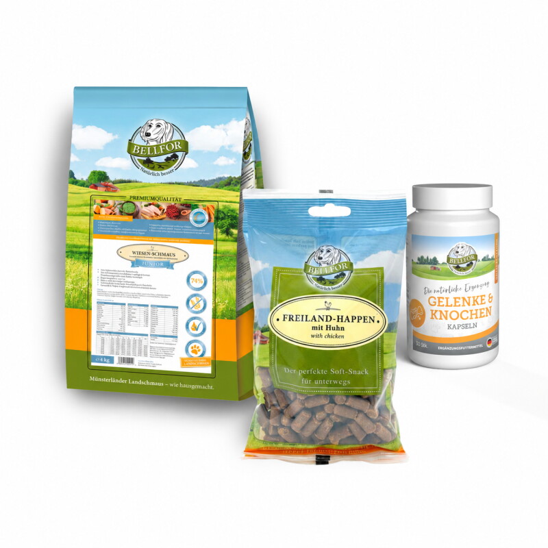 Bellfor Welpenfutter Set für große Rassen - Wiesen-Schmaus Junior 4 kg + Freiland-Happen 200g + Gelenke & Knochen Kapseln 30 Stück mit Ovopet 60g