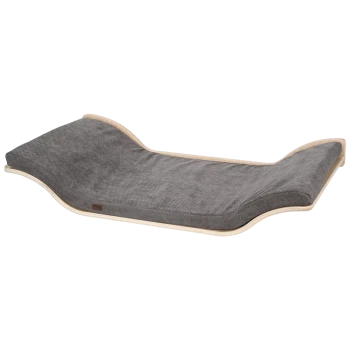 Grijs huisdierbed met een gebogen ontwerp en houten frame, met een zachte, textuur oppervlak voor comfort.