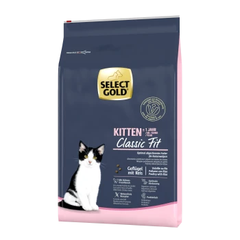 Sac de nourriture pour chat Select Gold Kitten Classic Fit avec un chaton noir et blanc sur le devant, avec un texte détaillant les ingrédients de volaille et de riz.