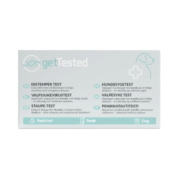 getTested-Box für Hundekrankheiten — Staupe-Testetikett in mehreren Sprachen; Symbole: Schnelltest, Tupfer, Hund
