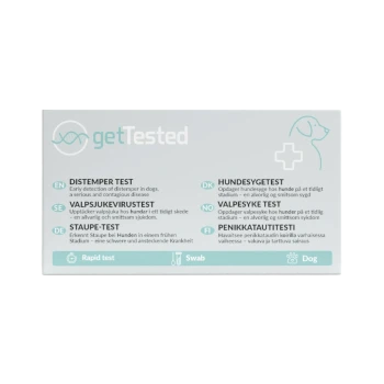 getTested-Box für Hundekrankheiten — Staupe-Testetikett in mehreren Sprachen; Symbole: Schnelltest, Tupfer, Hund