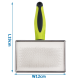 Tierpflegebürste mit einem Edelstahlkopf und einem hellgrünen ergonomischen Griff, 19 cm lang und 12 cm breit.
