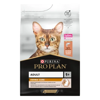 Elegant Adult Optiderma reich an Lachs 3kg Tüte Purina Pro Plan Adult Derma Care Katzenfutter mit einer Nahaufnahme des Gesichts einer Katze, mit Text, der Lachs als Hauptzutat hervorhebt.