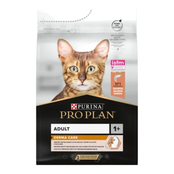 Purina Pro Plan Adult Derma Care kattenvoer zak met een close-up van een kattengezicht, met tekst die zalm als hoofdingrediënt benadrukt.