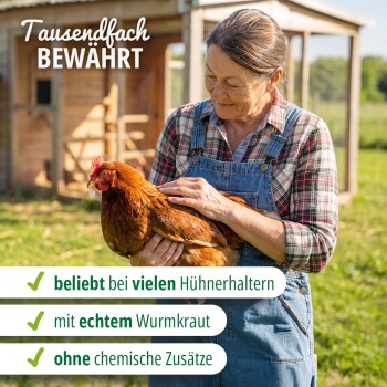 Etikett von Hühner Land Wurmkraut Flüssigkeit für Geflügel, hergestellt in Deutschland, 110ml, mit Hühnerbild und Fütterungsanleitung.