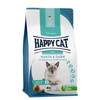 Tüte mit Happy Cat Care Trockenfutter, beschriftet mit "Magen & Darm" für Katzen 1+, glutenfrei, mit einem Katzenbild und Nährstoffsymbolen.