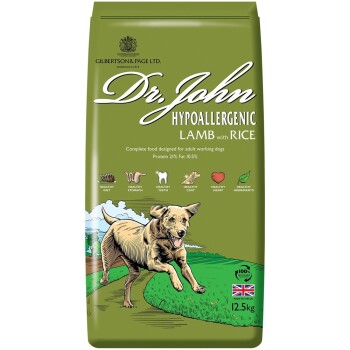 Grüne Tüte Dr. John hypoallergenes Lamm mit Reis-Hundefutter, mit einer laufenden Hundillustration, 21% Protein, 10,5% Fett und Gesundheitsansprüchen.