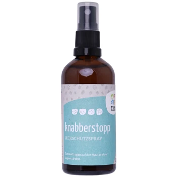 Braune Sprühflasche mit der Aufschrift "knabberstopp Leckschutzspray" mit Anweisungen auf Deutsch zur Anwendung auf Haut und Gegenständen.