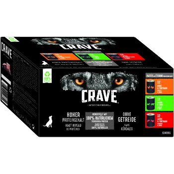 Die Verpackung von Crave Hundefutter zeigt das Gesicht eines Wolfes und betont hohe Proteinwerte, natürliche, getreidefreie Zutaten. Enthält 12 Dosen: Huhn, Lamm, Lachs.