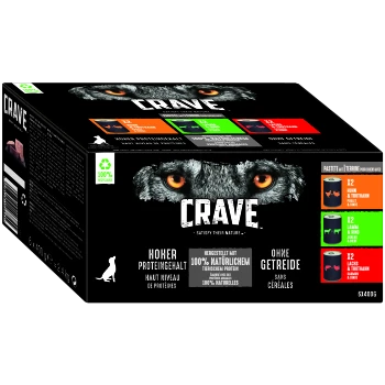 Die Verpackung von Crave Hundefutter zeigt das Gesicht eines Wolfes und betont hohe Proteinwerte, natürliche, getreidefreie Zutaten. Enthält 12 Dosen: Huhn, Lamm, Lachs.