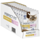 Eine Präsentationsbox mit Perfect Fit Katzenfutterbeuteln, die "sensitive 1+" mit Lachs zeigt, enthält 12 Packungen à 85g.