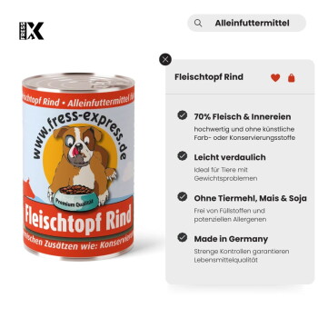 Dose Fress-Express Hundefutter mit der Aufschrift „Fleischtopf Rind“, Cartoon-Hund, „www.fress-express.de“ und Infofeld mit der Angabe „70% Fleisch & Innereien“
