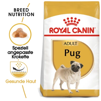 Royal Canin Adult Mops Hundefutterbeutel mit einer Mops-Illustration, mit einem Text, der die rassespezifische Ernährung und gesunde Haut hervorhebt.