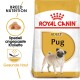 Royal Canin Adult Mops Hundefutterbeutel mit einer Mops-Illustration, mit einem Text, der die rassespezifische Ernährung und gesunde Haut hervorhebt.