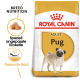 Royal Canin Adult Mops Hundefutterbeutel mit einer Mops-Illustration, mit einem Text, der die rassespezifische Ernährung und gesunde Haut hervorhebt.